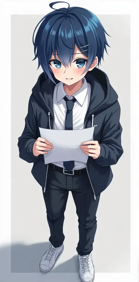 full body shot、Black Hair、Light blue inner hair、Silver ring on left index finger、Light blue wristband、Holding a letter with both hands、A kind face、1 boy in a simple background, Neutral、high school student、High School Uniform、Dress shirt、tie、Black trousers、...