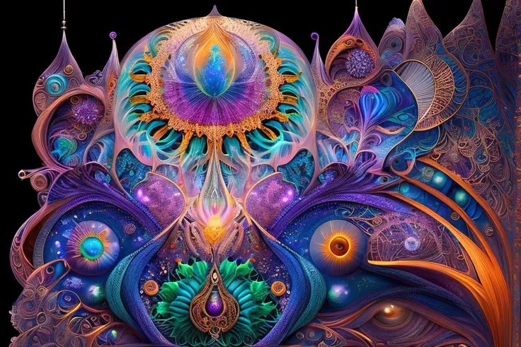 A mystical and spiritual acrylic painting that combines detailed anatomical elements with complex geometric patterns. The image should show human figures with a visual representation of energy or aura around their bodies, using vibrant, fluorescent colors ...