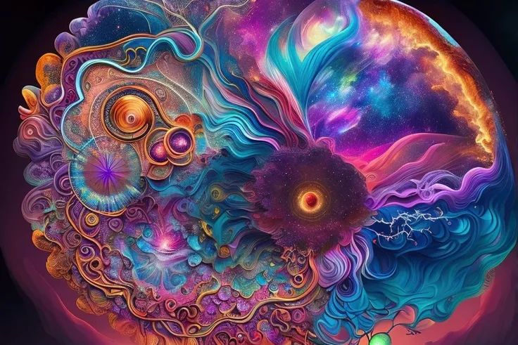 A mystical and spiritual acrylic painting that combines detailed anatomical elements with complex geometric patterns. The image should show human figures with a visual representation of energy or aura around their bodies, using vibrant, fluorescent colors ...