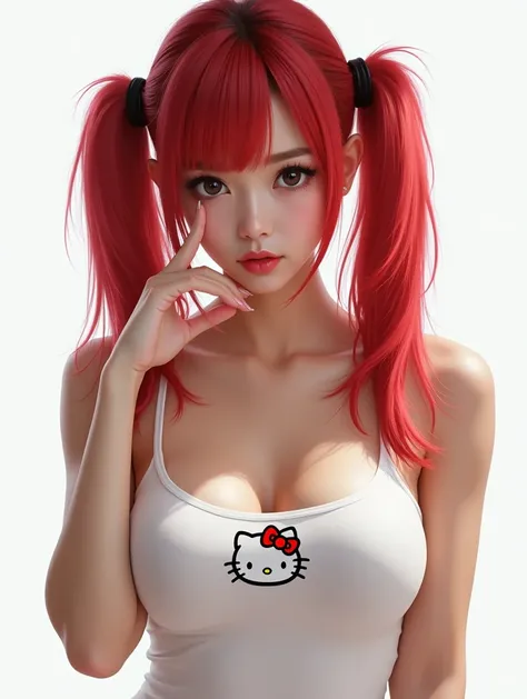 Asian woman wearing a white tank top with a small Hello Kitty print between her breasts on the tank top, breasts a little big, Long twin tails down to the breasts, Red hair, High resolution, necessary, realism, Hyperrealism, with white background, with his...