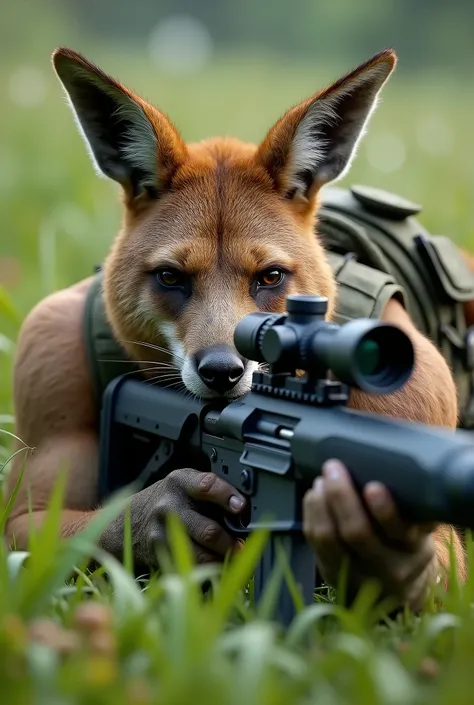 (photorealism:1.2), depiction of a muscular human body with the head of a kangaroo, dressed in tactical special forces uniform, holding and aiming a high-tech sniper rifle while lying in the grass. The scene is set in a grassy terrain with tall blades surr...