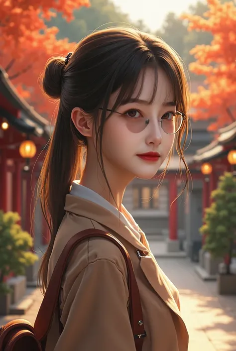 Best Quality、masterpiece、High sensitivity、High resolution、Detailed Description、Delicate facial depiction、Slender woman、Glasses、Calm expression、Autumn outfit、Autumn in Kyoto、Visiting a shrine、
