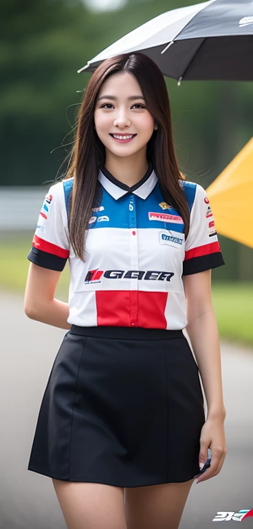 Highly detailed CG Unity 8k wallpaper, Best Quality, Super detailed, masterpiece, Realistic, Photorealistic, Highly detailed cute girl, Age 25, 
(Wearing grid girl costumes with sponsor logos printed on them:1.3), (mini skirt) , (Participate in a motorspor...