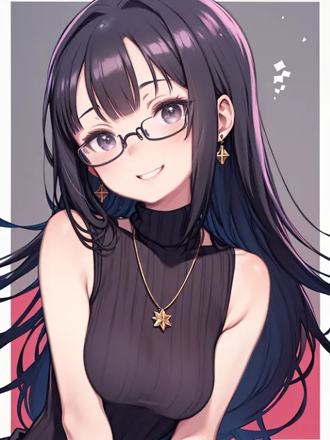 masterpiece, Best Quality, Minazuki Kyouko, Black Hair, Glasses, necklace, Earrings, Red sweater, turtleneck, Sleeveless, Black mini skirt, Large Breasts, Upper Body, Staring at the audience, Clinic, smile, Mischievous