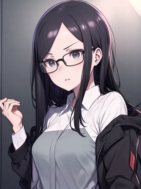 Woman in her mid-30s, , Long black hair, Black eyes with glasses, upright, Pale skin, Serious expression, Wear work clothes. In anime style