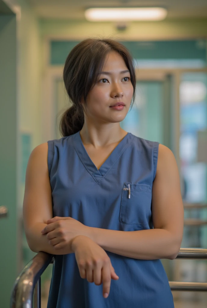 athletic beautiful mid thirties asian female nurse, sleeveless medical scrubs, taking a break in hospital, thick upper arms, (best quality,4k,8k,highres,masterpiece:1.2),ultra-detailed,(realistic,photorealistic,photo-realistic:1.37),medical photography,hos...