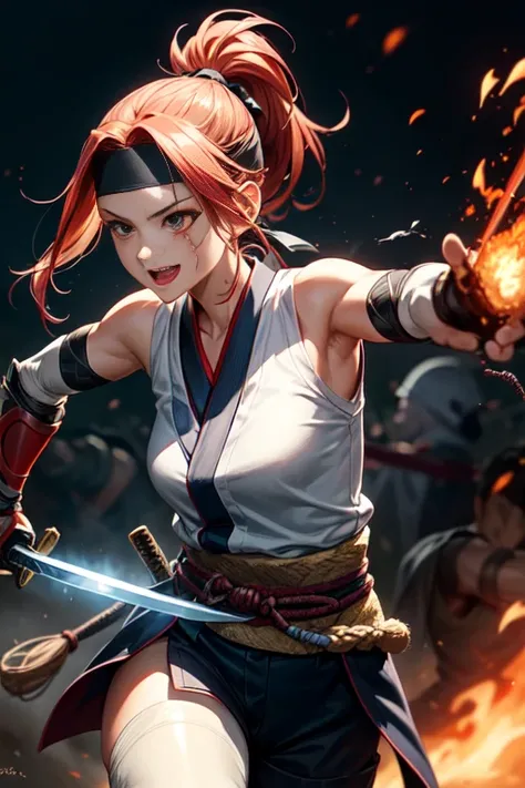 One Girl, warrior,Japanese sword,anime,Anatomically correct, A series of character actions, Ninja,ponytail, masterpiece, Textured Skin, Action Painting, Surrounded by enemies,battle,Flaming Sword,Headband,A happy look