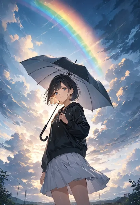 anime、((Amazingly absurd)),(masterpiece:1.2),超High resolution, Attention to detail, High image quality, High resolution, 最High image quality, 4K, 8k、A girl holding an umbrella、Gazing at the sky, a gentle smile、After crying、Mysterious、Dark sky with thick cl...