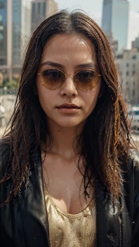 Close up an image side face of a woman wearing a gold lip gloss and mirror sunglasses is looking at the camera with tears streaming down her face. The image features a cityscape in the background, possibly representing a memory or emotion associated with t...