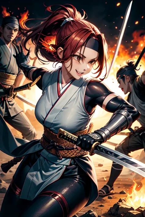 One Girl, warrior,Japanese sword,anime,Anatomically correct, A series of character actions, Ninja,ponytail, masterpiece, Textured Skin, Action Painting, Surrounded by enemies,battle,Flaming Sword,Headband,A happy look