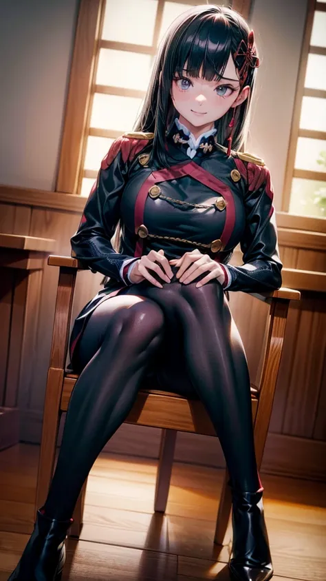 beautiful girl,(captivating smile)、yamashiro ren、detailed and beautiful eyes、looking down、uniform、detailed costume、black tights、...