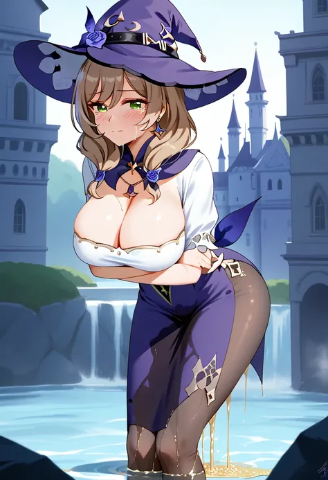 (li sha), 1girl, huge breasts, lisa (genshin impact), A detailed portrait of a young woman with beautiful green eyes, brown hair, and bangs, wearing a witch hat, dress, pantyhose, and purple headwear with earrings, (1girl, detailed eyes, extremely detailed...