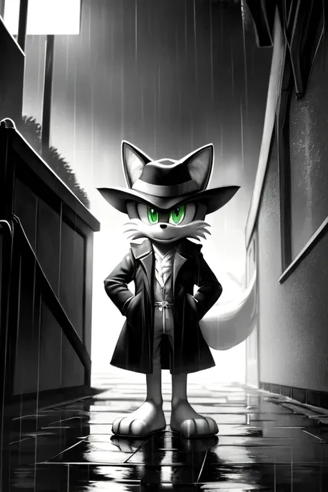 ((Masterpiece), high quality, detailed, greyscale, high contrast, backlighting), tails the fox, mobian, facial markings, serious face, spot color, glowing green eyes, hat, trenchcoat, open coat, hand in pocket, barefoot, 3 toes, fox tail, alleyway, wind, r...