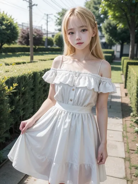 girl、Blonde、As young as an elementary school student、White dress、Lift the skirt up to shoulder height、garden