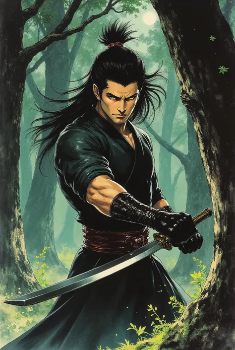 A ninja in a forest, detailed face, intricate costume, dynamic pose, cinematic lighting, vibrant colors, Classic Anime