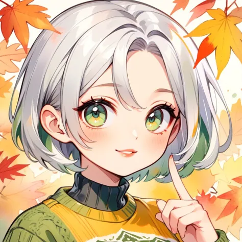 1 feminine skinny boy, Feminine face, upper body, silver bob cut, green eyes. glossy lips apart, feminine breast, He is wearing a Cowichan sweater, finger smile, Watercolor paint style, Autumn color pallet