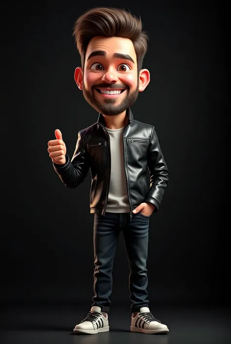 3D caricature illustration of big head handsome man smiling sweetly, shiny black leather jacket, jeans, sneakers, standing piece his right hand shows his thumb towards the front, shiny black background. This scene is a close-up facial portrait and everythi...