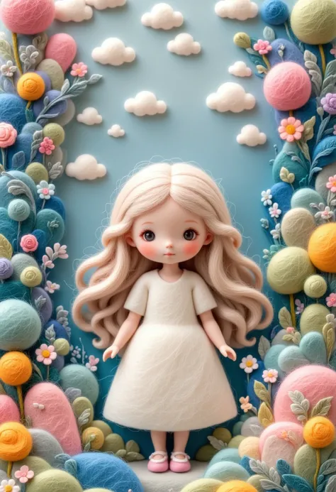 A delicate felt painting：Happy little kid，Fluffy and soft long hair。Dreamy and beautiful。