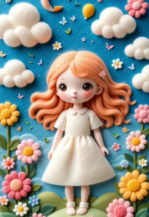 A delicate felt painting：Happy little kid，Fluffy and soft long hair。Dreamy and beautiful。