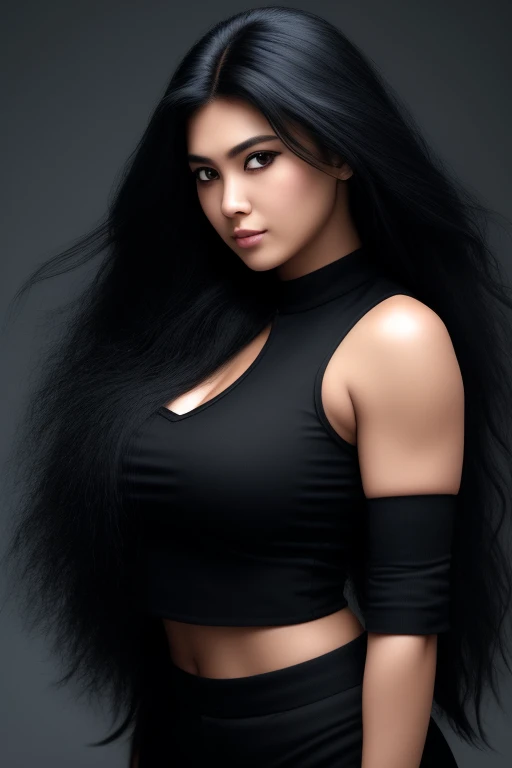 most very jet black hair , very long hair, very wolf hair, thick hair,fluffy hair,most very heavy-weight hairstyle,most very stiff hair,most very voluminous hair,female jail officer,black uniform,black pants,1 Japanese woman,most very mocking face,strict w...