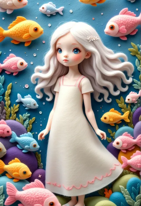 a delicate felt painting：happy little kid，fluffy and soft long hair。cute school of fish，dreamy and beautiful。