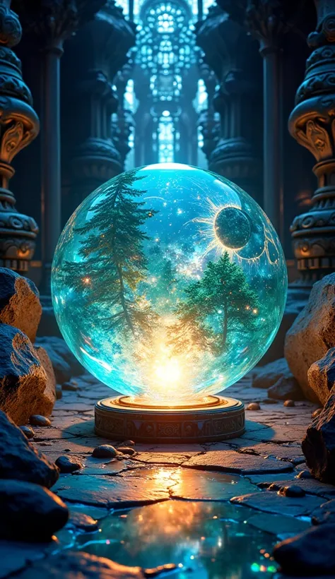 a crystalline jade orb glowing softly in a dark room, radiating a fantastical fantasy world of transparent light, refracting and scattering in various directions, disrupting the iridescent spectrum, analyzed and reconstructed into a new form of art, sparkl...