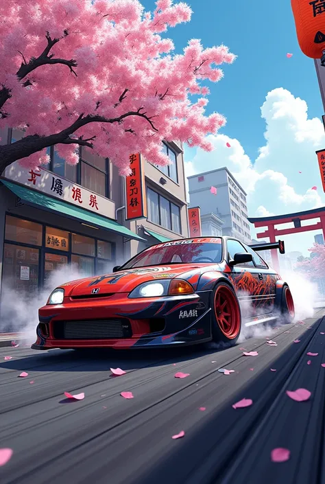 Create a hyper-realistic image of a 2000 Honda Civic drifting sideways in a Japanese urban setting, ideal for a bedroom poster. The car must have a detailed and aggressive design, presenting visible characteristics of a drift car: a large, aerodynamic rear...