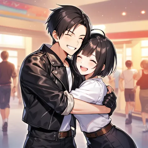 Male and female with short-cut long black hair with bangs, couple, high school students, smiling happily, eyes closed, ((black leather jacket with rolled up arms)), fingerless gloves, white T-shirt, ((white potholder)), black pants, white shoes, brown belt...