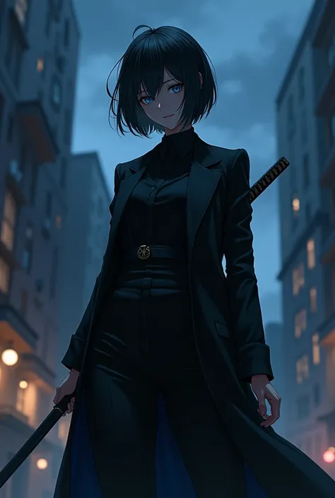 night Background, Full body, Human, female, Short hair, black hair, Blue eyes,black suit ,black coat, katana behind character, Anime style
