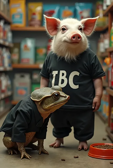 photo of a skinny toad wearing a black suit, the toad bow down to feet on the floor, pig standing wearing a t-shirt written on the shirt "IBC" with betta fish photo on it, pig is fat, dirty and have white beard, fish pet shop background with dog food and d...