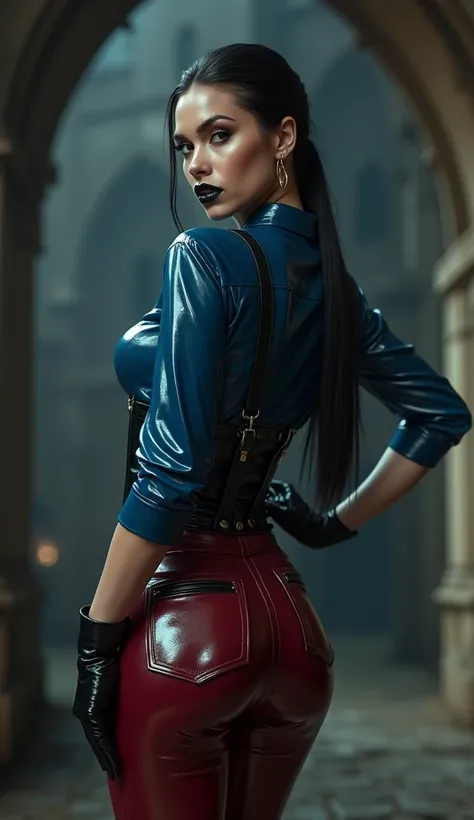 femme, vue de dos, latex, brillant, Les vampires, stricte, latex, brillant, chemisier latex bleu marine, pantalon marron rouge latex, poches sur les fesses, serre taille latex noir, bretelles latex noir, cuissades vinyle noir, visage mechant sévère, bouche...