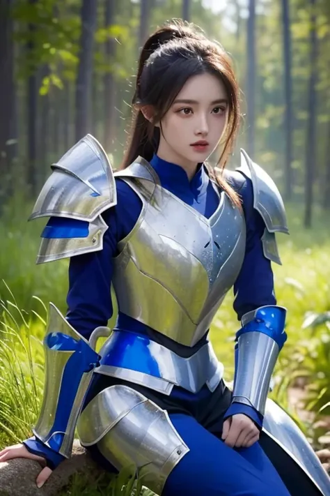 forest,mountain,Sit down,, HX Armor,1 woman,(Blue Armor:1.3),, Ultra high definition,Extremely delicate and beautiful,(With exquisite color blocks),masterpiece,Top quality,Unreal Engine 5 Rendering,Movie lighting,movie lens,Movie Special Effects,Detailed d...