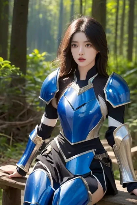 forest,mountain,Sit down,, HX Armor,1 woman,(Blue Armor:1.3),, Ultra high definition,Extremely delicate and beautiful,(With exquisite color blocks),masterpiece,Top quality,Unreal Engine 5 Rendering,Movie lighting,movie lens,Movie Special Effects,Detailed d...