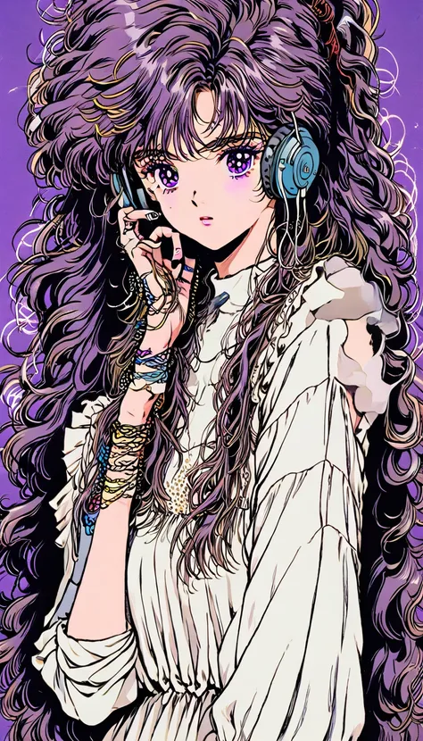 uta, purple eyes, long hair, split-color hair, hair over one eye, hair rings, headphones, white dress, frills, neck ribbon, sing...