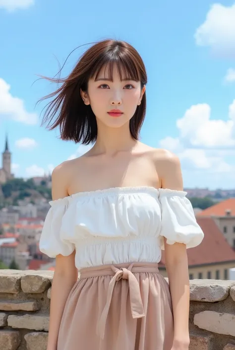 East Asian Women, Outdoor Scene, White off-shoulder blouse, High Waist Skirt, Short brown hair, Blowing in the Wind, Calm expression, Stone wall, Clear blue sky, Scattered Clouds, Historic European City, rooftop, Spire, Natural lighting, Bright and fresh a...