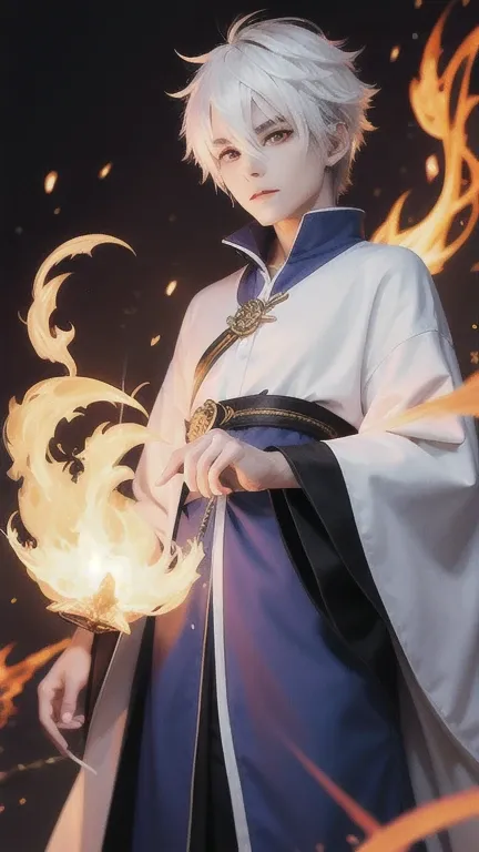 A beautiful wizard with short white hair。Wearing flames。