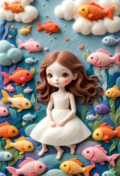 A delicate felt painting：Layered Art，Happy little kid，Fluffy and soft long hair。Cute school of fish，Dreamy and beautiful。