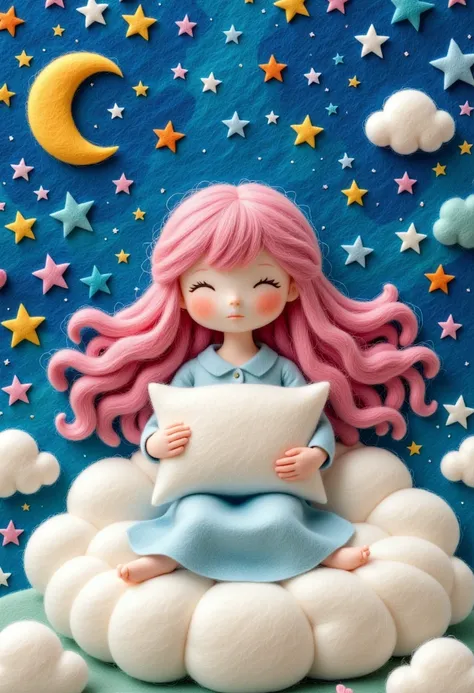 A delicate felt painting：Layered Art，Cute child in pajamas hugging a pillow，Fluffy and soft long hair。Stars and Moon，Dreamy and beautiful。