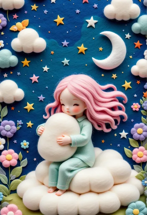 A delicate felt painting：Layered Art，Cute child in pajamas hugging a pillow，Fluffy and soft long hair。Stars and Moon，Dreamy and beautiful。