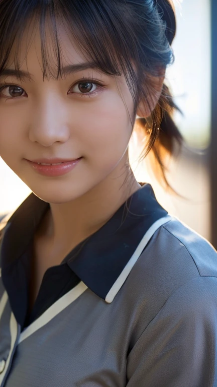 (highest quality,masterpiece:1.3,ultra high resolution),(Super detailed,caustics,8k),(photorealistic:1.4,RAW shooting),1 girl,(smile and look down at the camera),(front shot:1.1),(face forward),1,cute,Japanese,black short ponytail,school uniform,glamorous,...