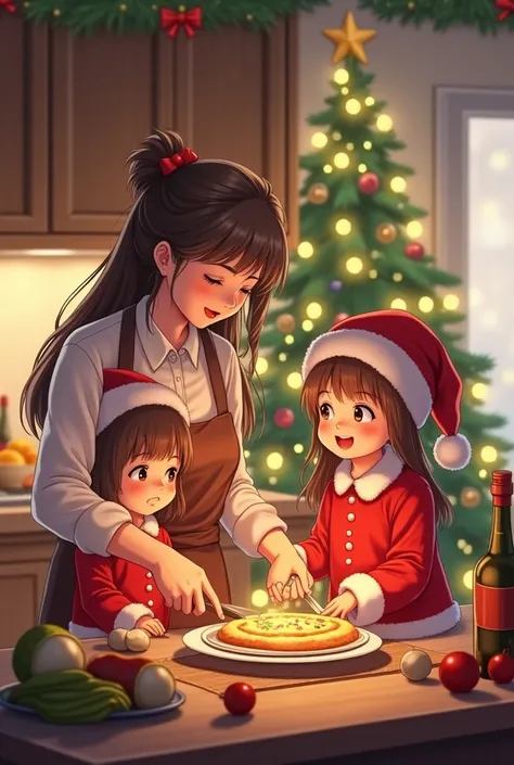 Anime mother and daughter in aprons cooking Christmas daughter dressed as Santa Claus daughters are twins Christmas tree