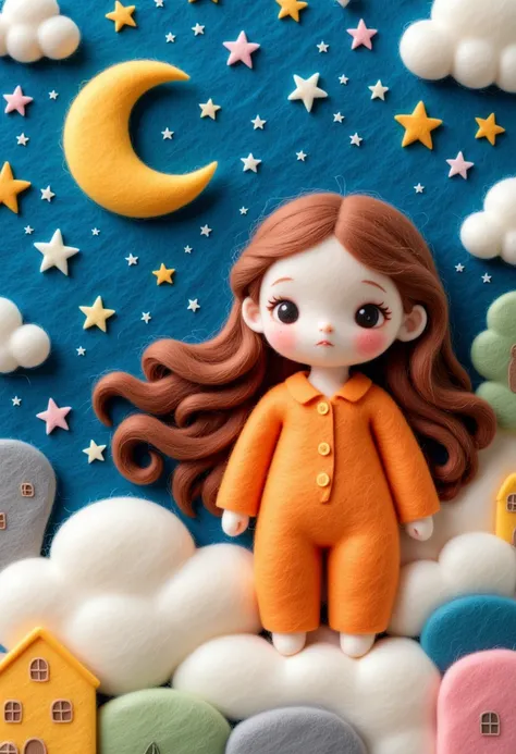 A delicate felt painting：Layered Art，Cute kid in orange pajamas，Fluffy and soft long hair。Stars and Moon，Dreamy and beautiful。