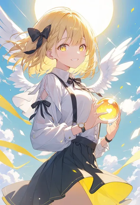 A smiling woman,pastel,smile,happiness,Yellow base,Yellow Eyes,Shining Eyes,Yellow Hair,Short Bob,Braided on the side,Black ribbon big,White shirt,Black suspender skirt,The background is yellow and shiny,pale,Heart Shape,Shining Orb,Backlight,A masterpiece...