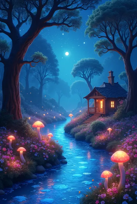 
"Create a vibrant and dreamy landscape featuring a magical forest illuminated by bioluminescent plants. The scene includes a sparkling river flowing through the center, with colorful flowers and glowing mushrooms along the banks. In the background, toweri...