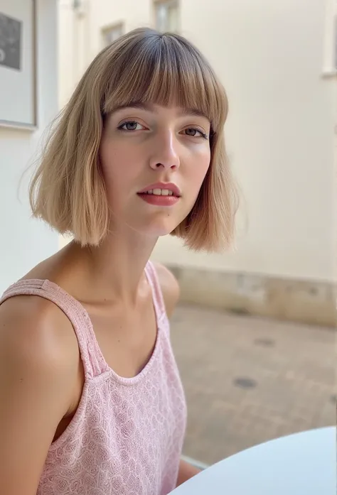 make a pic of girl with very short bob hair, she is wearing a sun dress