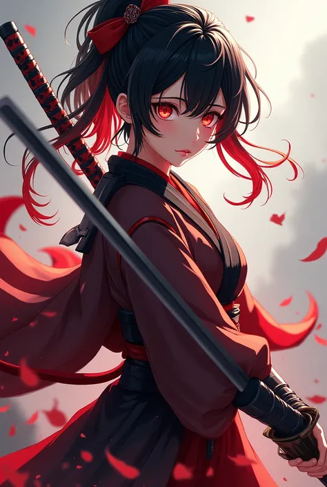 demons slayer girl with big  with her hashira uniform has two katana and had black hair from the top and red hair from the bottom she has pretty eyes and pretty face