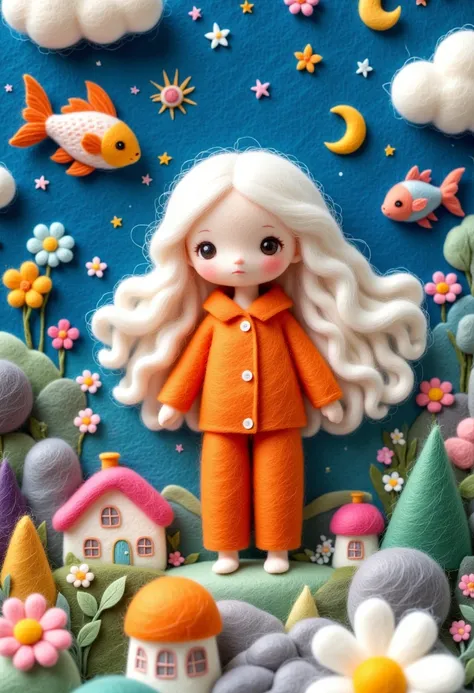 A delicate felt painting：Layered Art，Cute doll in orange pajamas，Fluffy and soft long hair。Stars and Moon，Dreamy and beautiful。