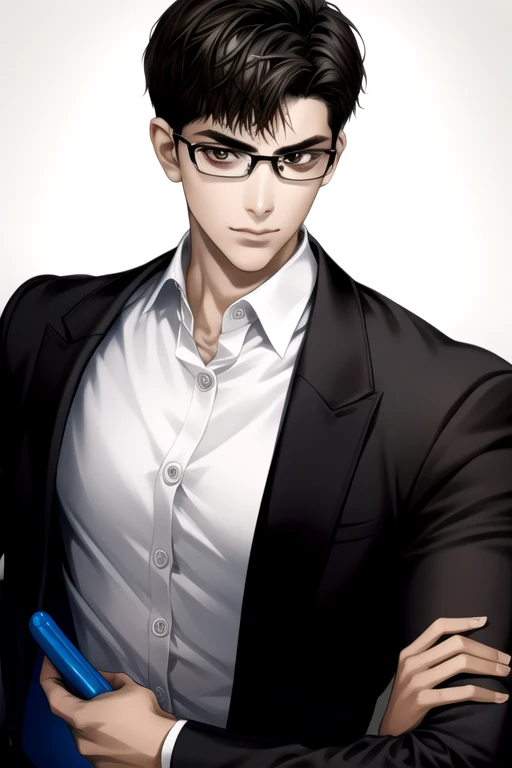  A young man with dark brown eyes and short black hair. His facial features were unremarkable, and he appeared refined, but he had obvious eye bags with an inkling of a double chin. He wore glasses

