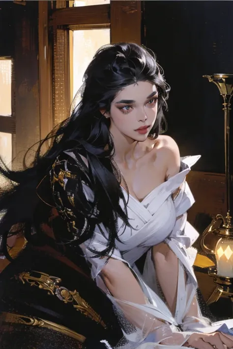 (best lighting) (best quality, masterpiece:1.2), (absurdres), 4k, (detailed eyes), (detailed face), woman, very long black hair, curvy, futuristic fashion, nobility, solo, cinematic, soft lighting, centred, bold background