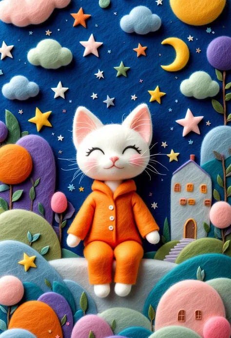 A delicate felt painting：Layered Art，Cute doll in orange pajamas，Stars and Moon，Dreamy and beautiful。